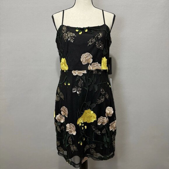 Lulus Mini Dress Womens L Black Rue Floral Embroidered Sequin Sleeveless Bodycon - Picture 1 of 10